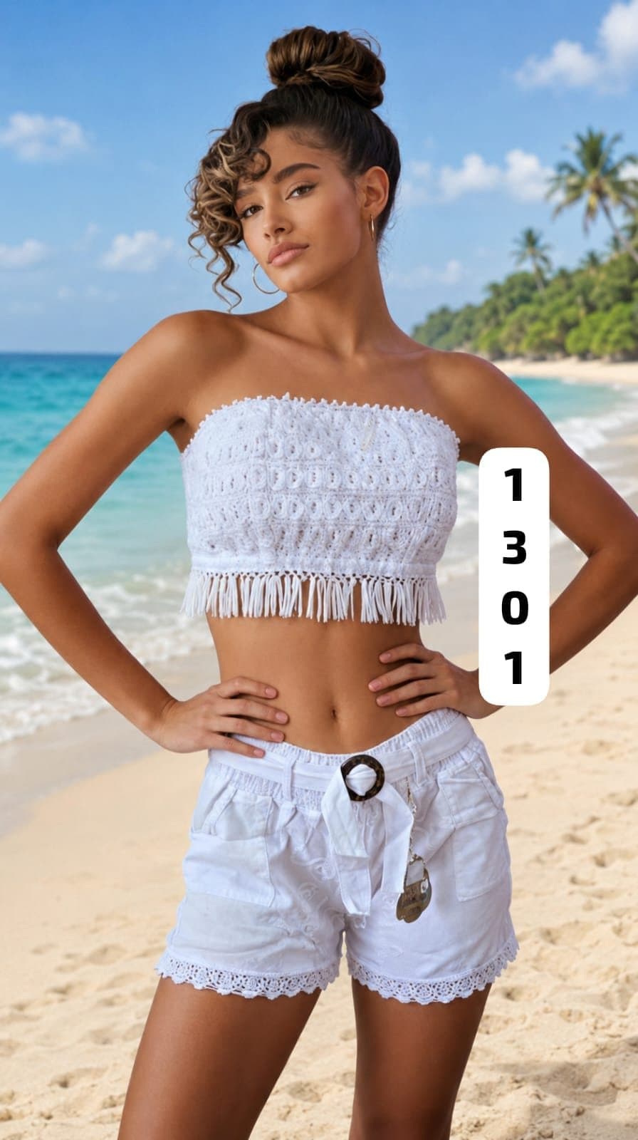 Conjunto bandeau con flecos y short 1301 en blanco