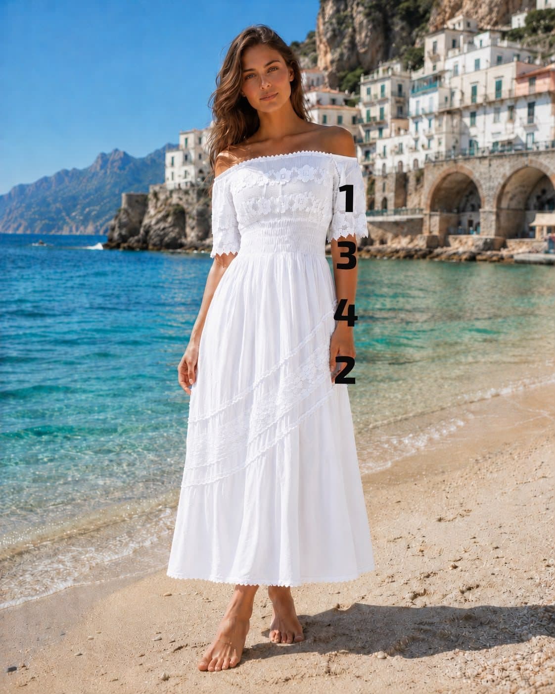 Vestido midi off-shoulder con encaje 1342 en blanco