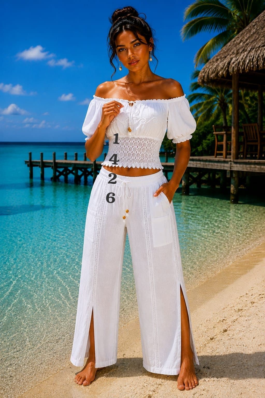 Conjunto blusa off-shoulder con pantalón o short 1426 en blanco