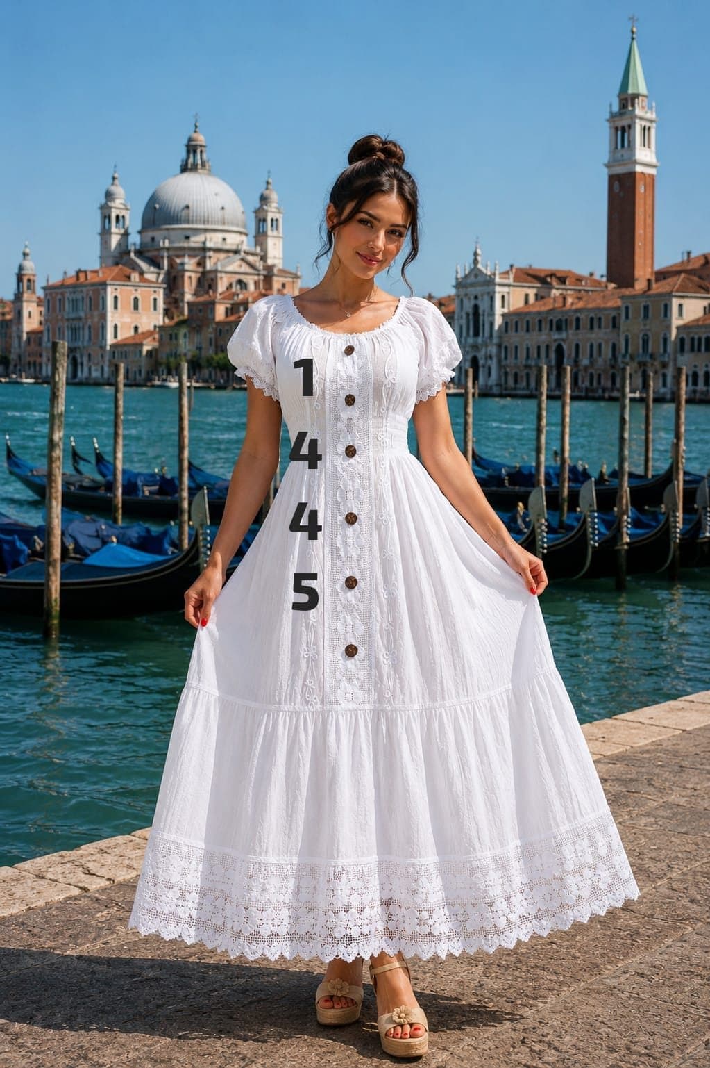 Vestido largo de botones manga globo 1445 en blanco