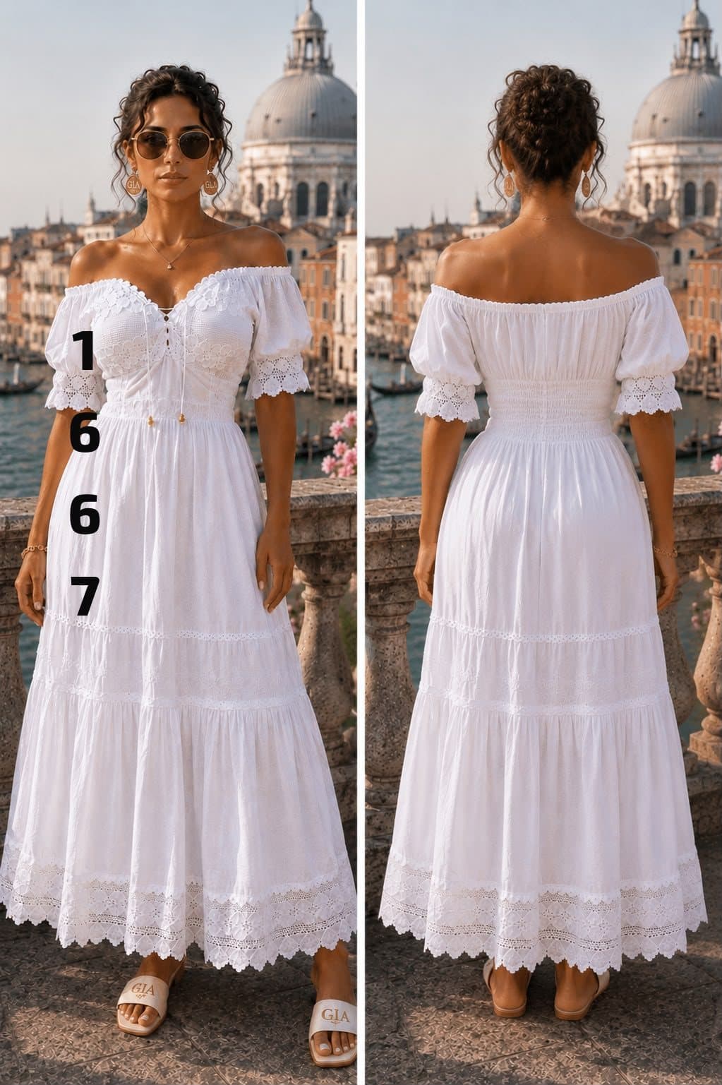 Vestido largo off-shoulder con encaje 1667 en blanco