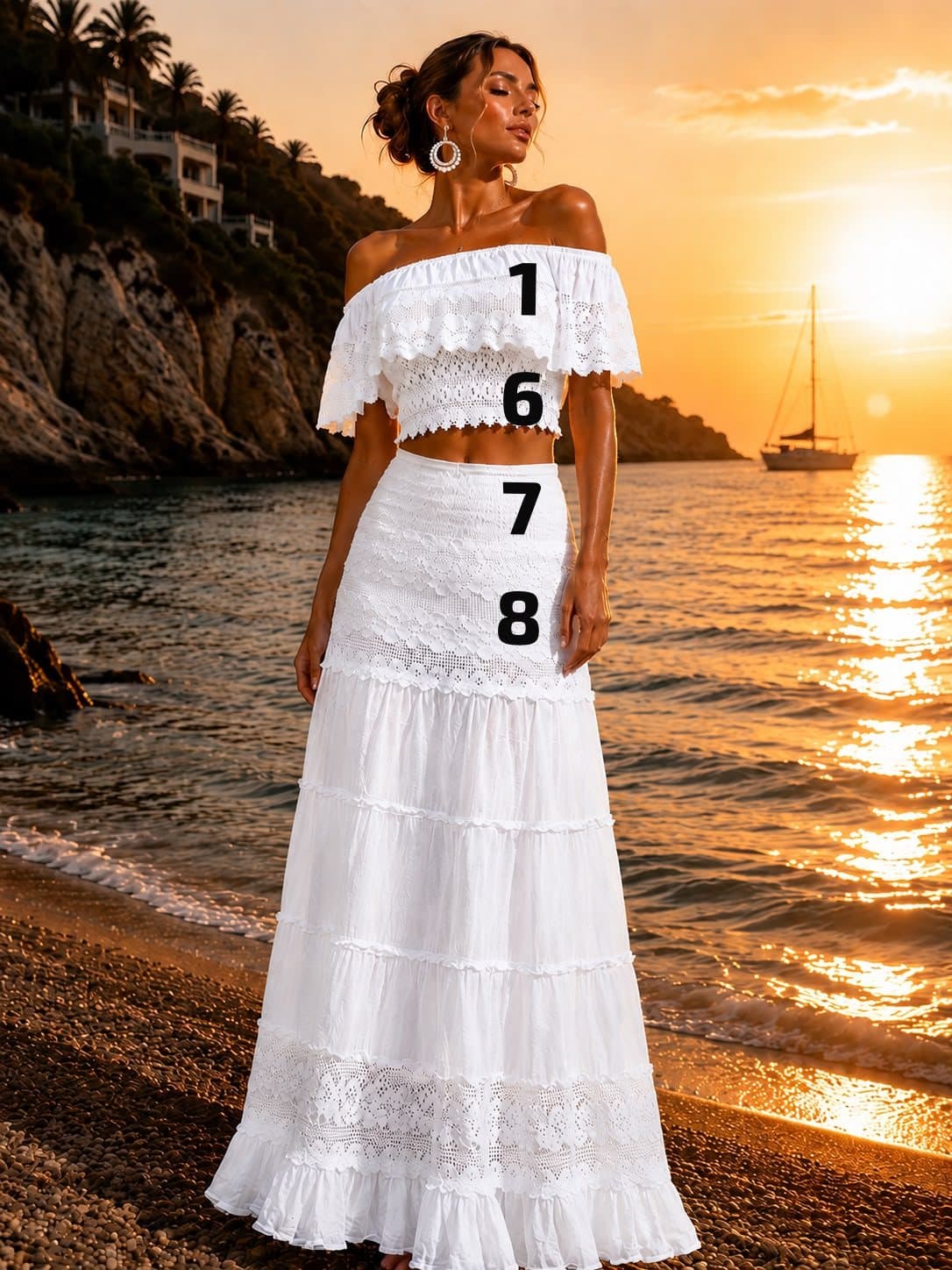 Conjunto off-shoulder y falda larga 1678 en blanco