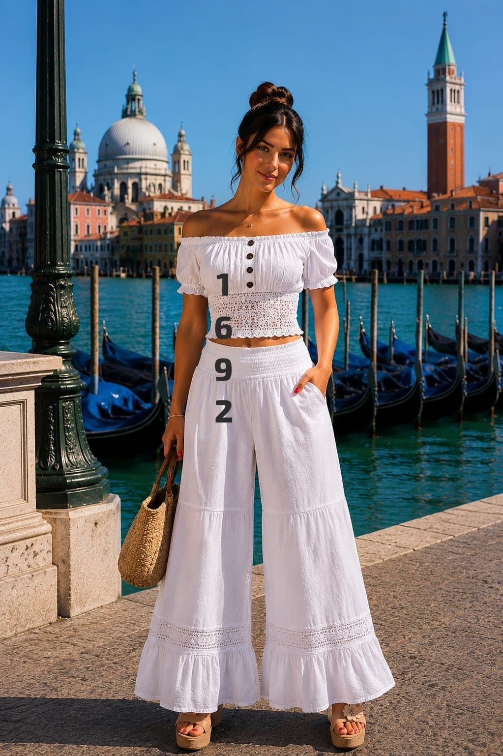 Conjunto off-shoulder y pantalón con volante 1692 en blanco