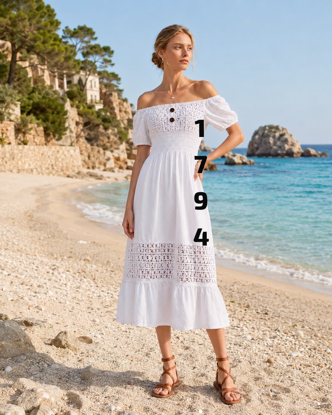 Vestido midi off-shoulder con crochet 1794 en blanco