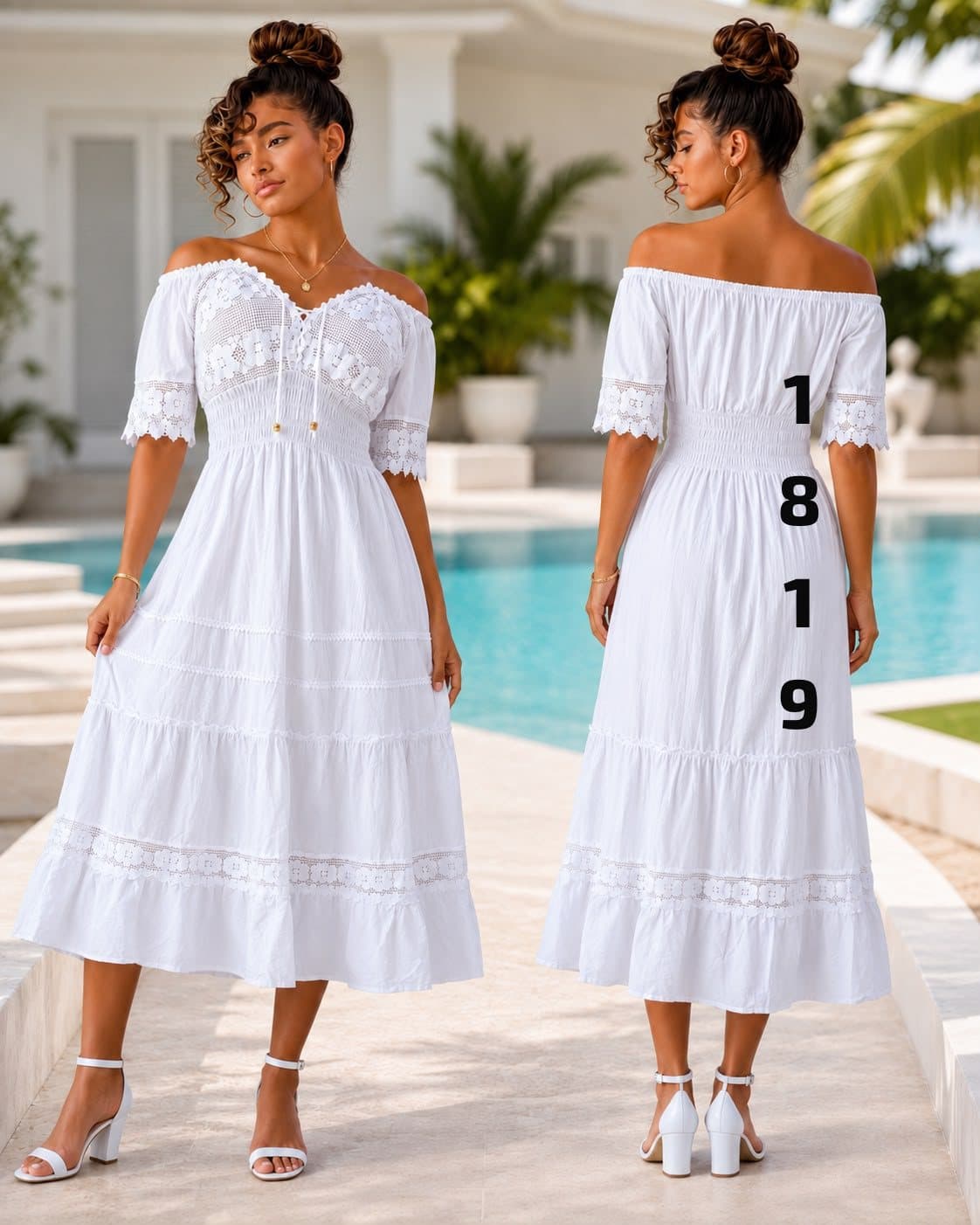 Vestido midi off-shoulder de encaje 1819 en blanco