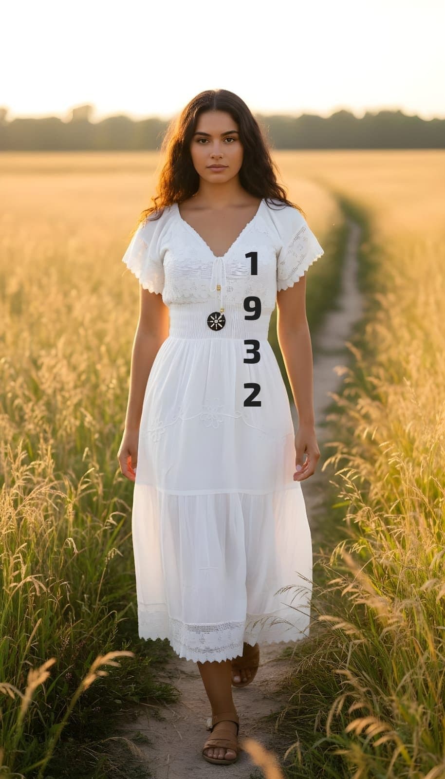 Vestido largo con botón de coco 1932 en blanco