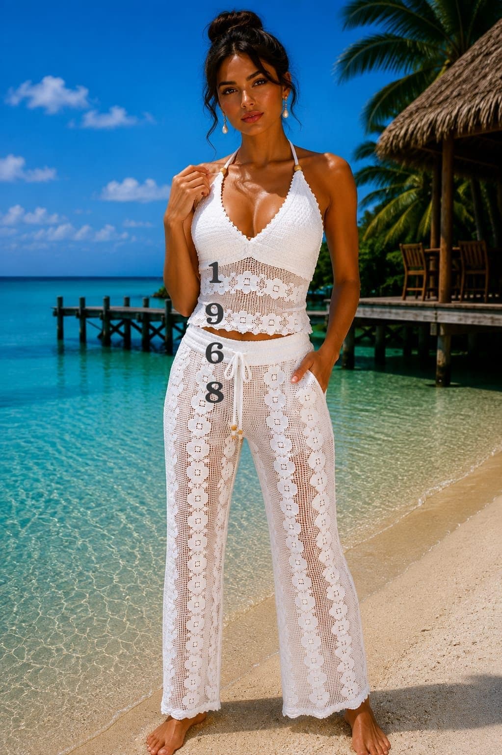 Conjunto halter y pantalón crochet 1968 en blanco